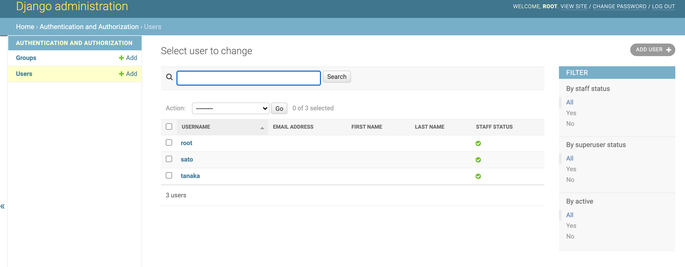 localhost:8000/adminにアクセスしログインした際の様子