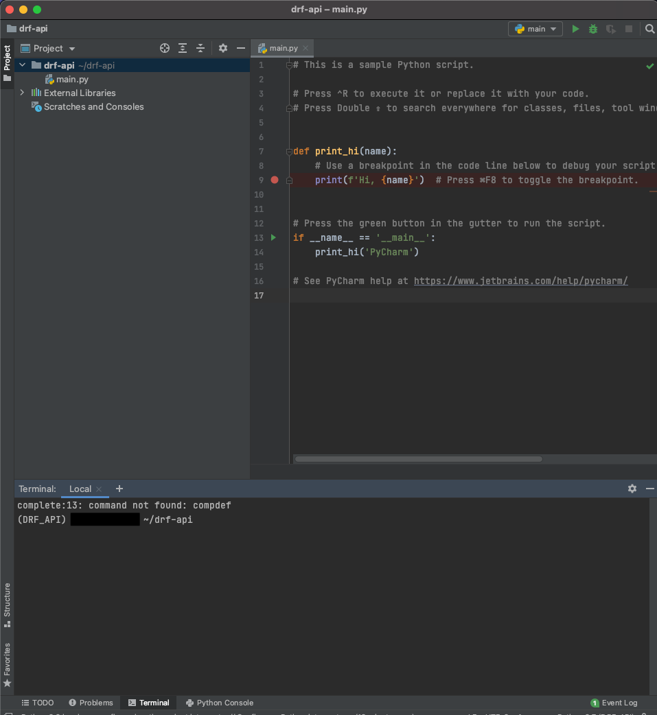 Pycharmのterminalもデフォルトで仮想環境のターミナルになっている